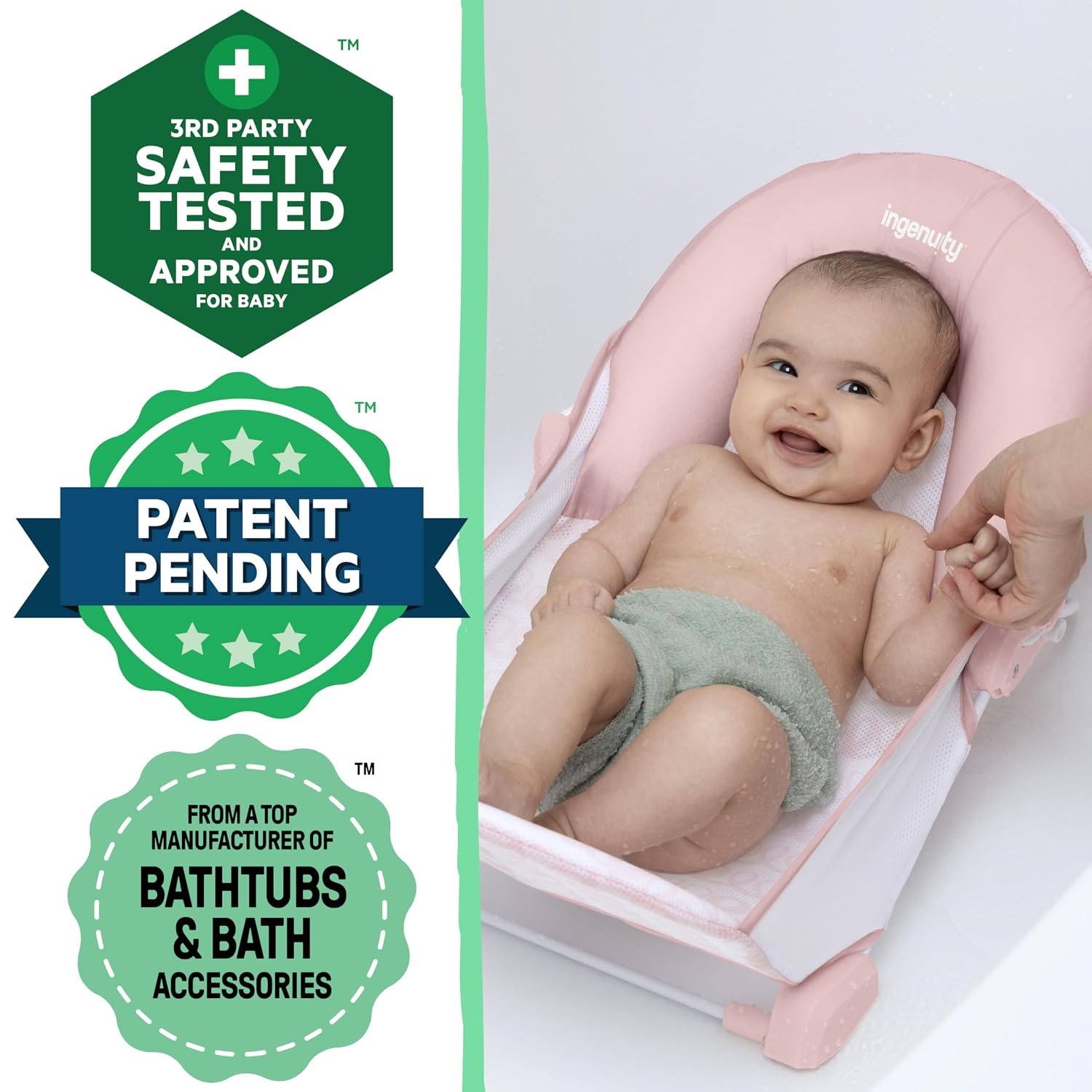 image:imageIngenuity Foldaway 2Position Baby Bath Seat Adjustable Support for Sink or Bathtub Ages 06 Months up to 20 Pounds MachineWashable SlingPink